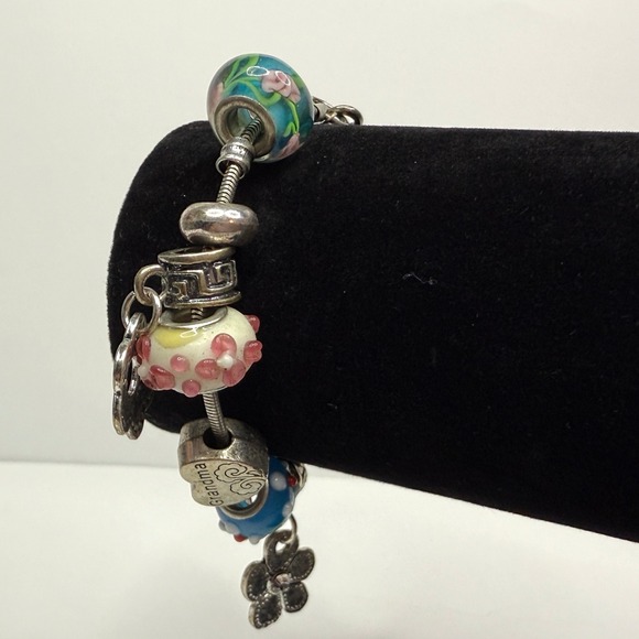 RMN Charm Bracelet Colorful Lampwork Glass Beads Silver Tone Grandma Heart - Picture 4 of 7